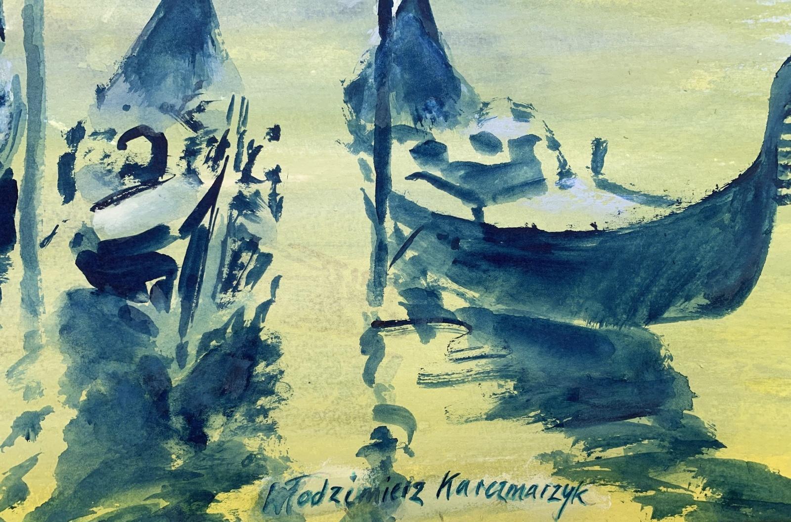 Aquarelle des gondoles vénitiennes - Aquarelle, bateaux, réaliste, classique, artiste polonais - Gris Landscape Art par Włodzimierz Karczmarzyk