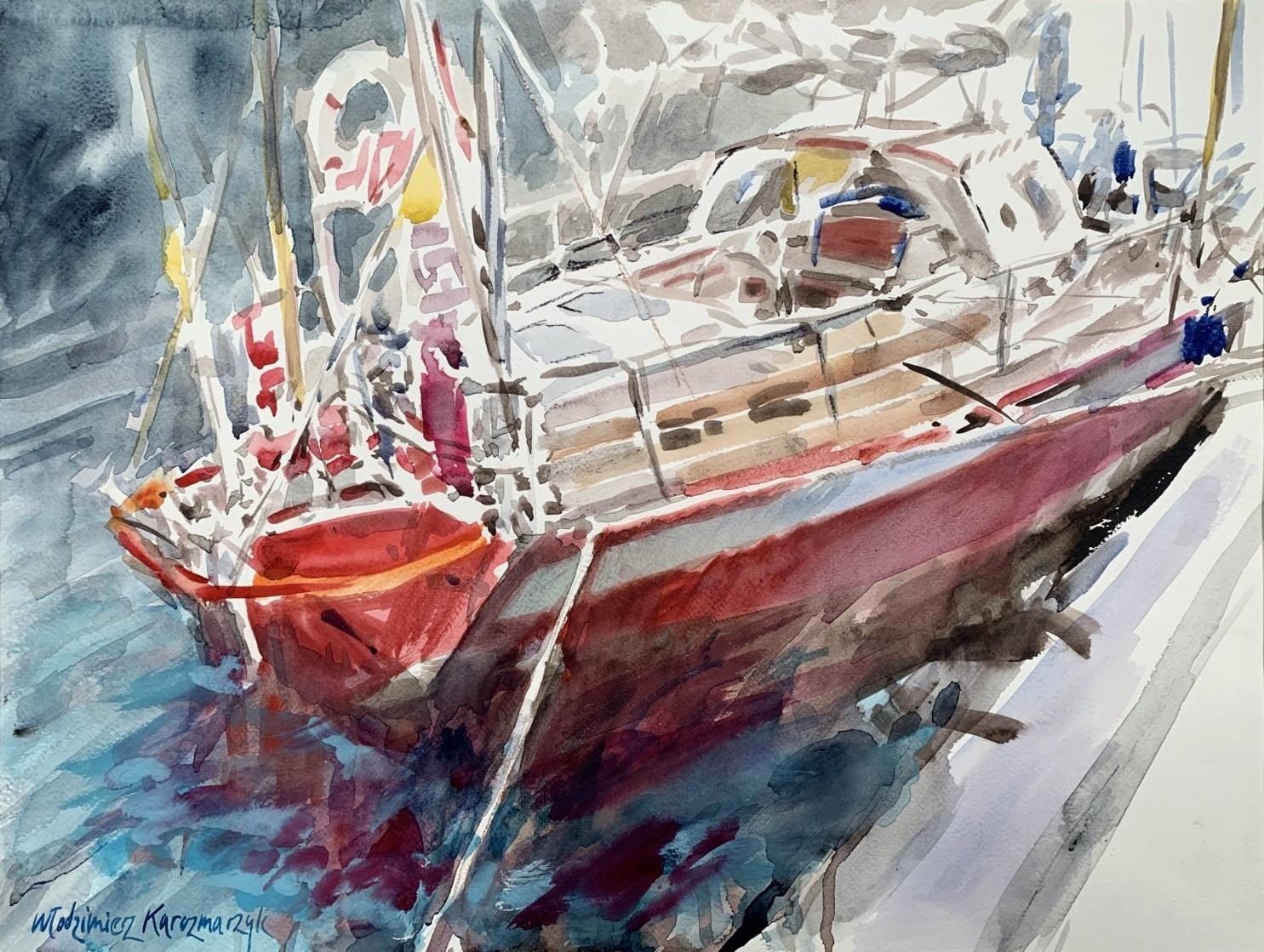 Włodzimierz Karczmarzyk Figurative Art - Motorboat - Watercolor, Realistic, Classic, Polish artist