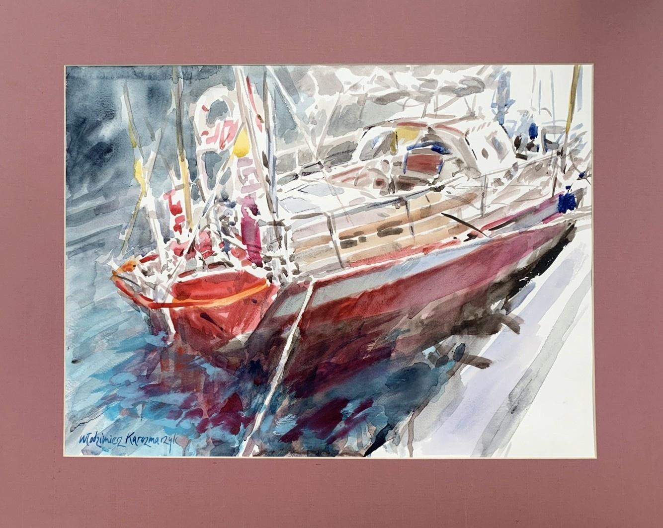 Motorboot - Aquarell, Realistisch, Klassisch, Polnischer Künstler – Art von Włodzimierz Karczmarzyk
