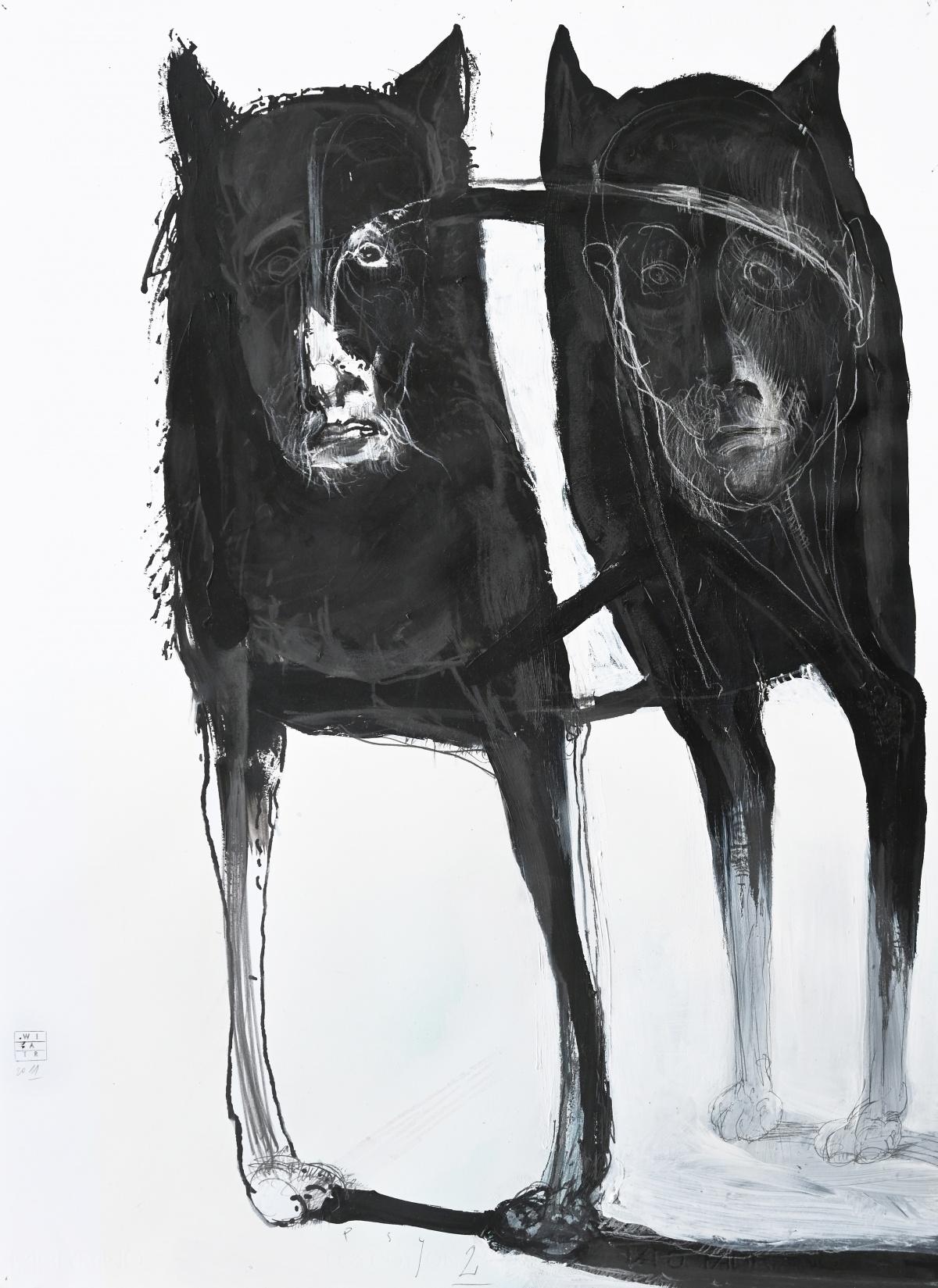 Figurative Art Zdzislaw Wiatr - Dessins contemporains « Dogs 2 », dessin figuratif, noir et blanc, artiste polonais
