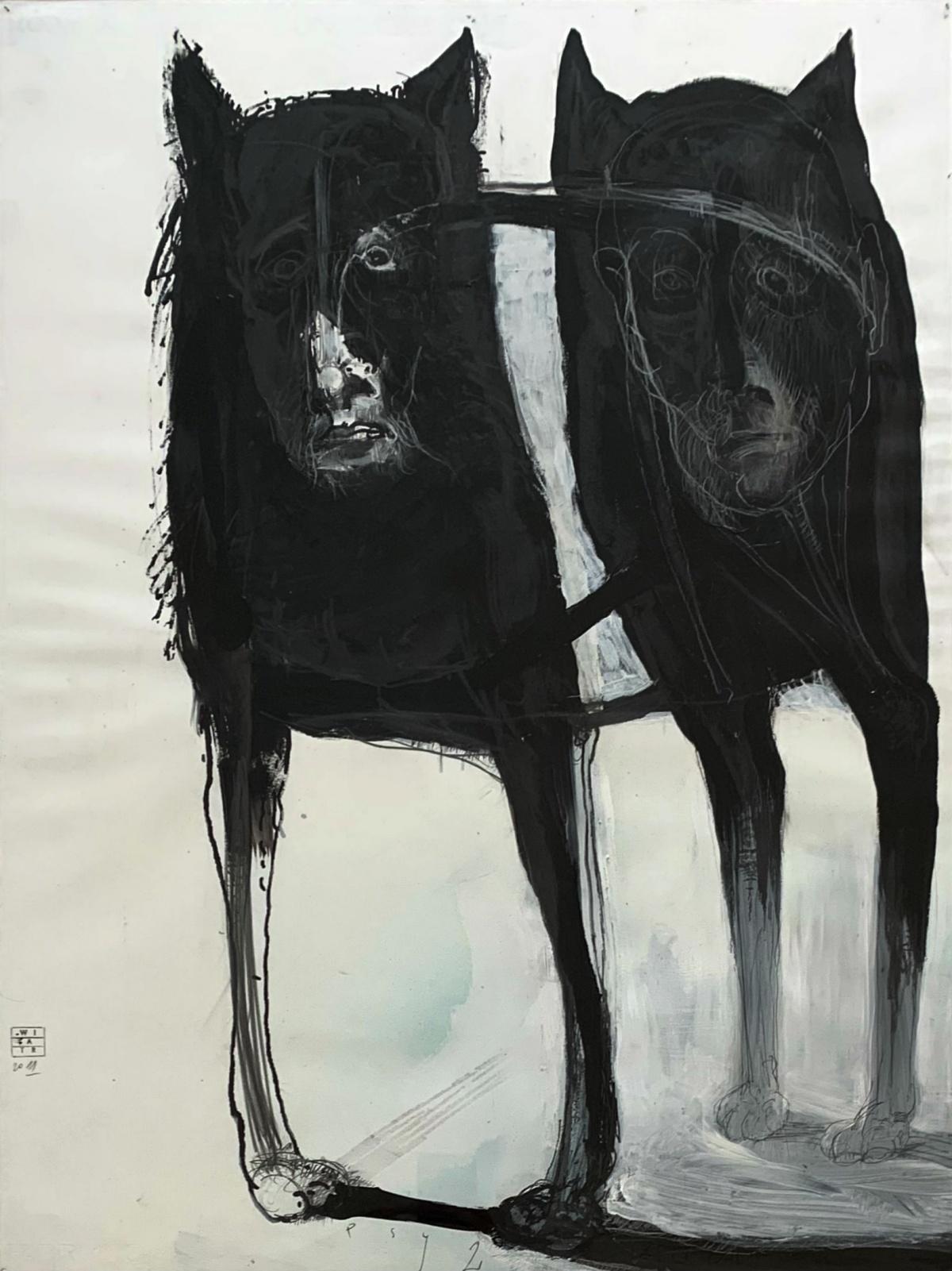 Dessins contemporains « Dogs 2 », dessin figuratif, noir et blanc, artiste polonais - Art de Zdzislaw Wiatr