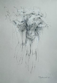 Nackt -  Mixed-Media-Zeichnung, figurativ, subtil, skizzenhaft, polnische Kunst