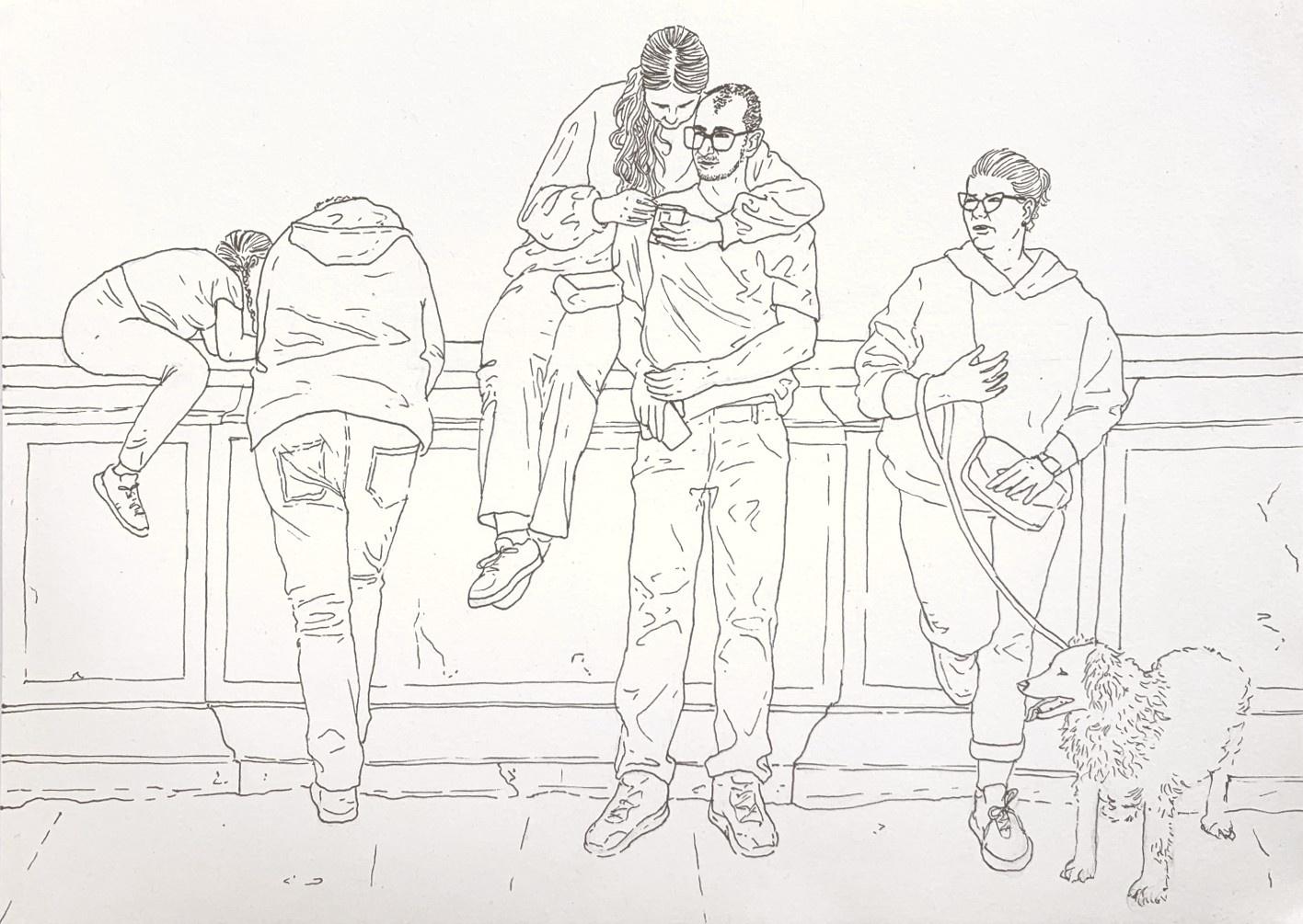 Bust stop - dessin à l'encre contemporain, jeune art, minimalisme, commentaire social