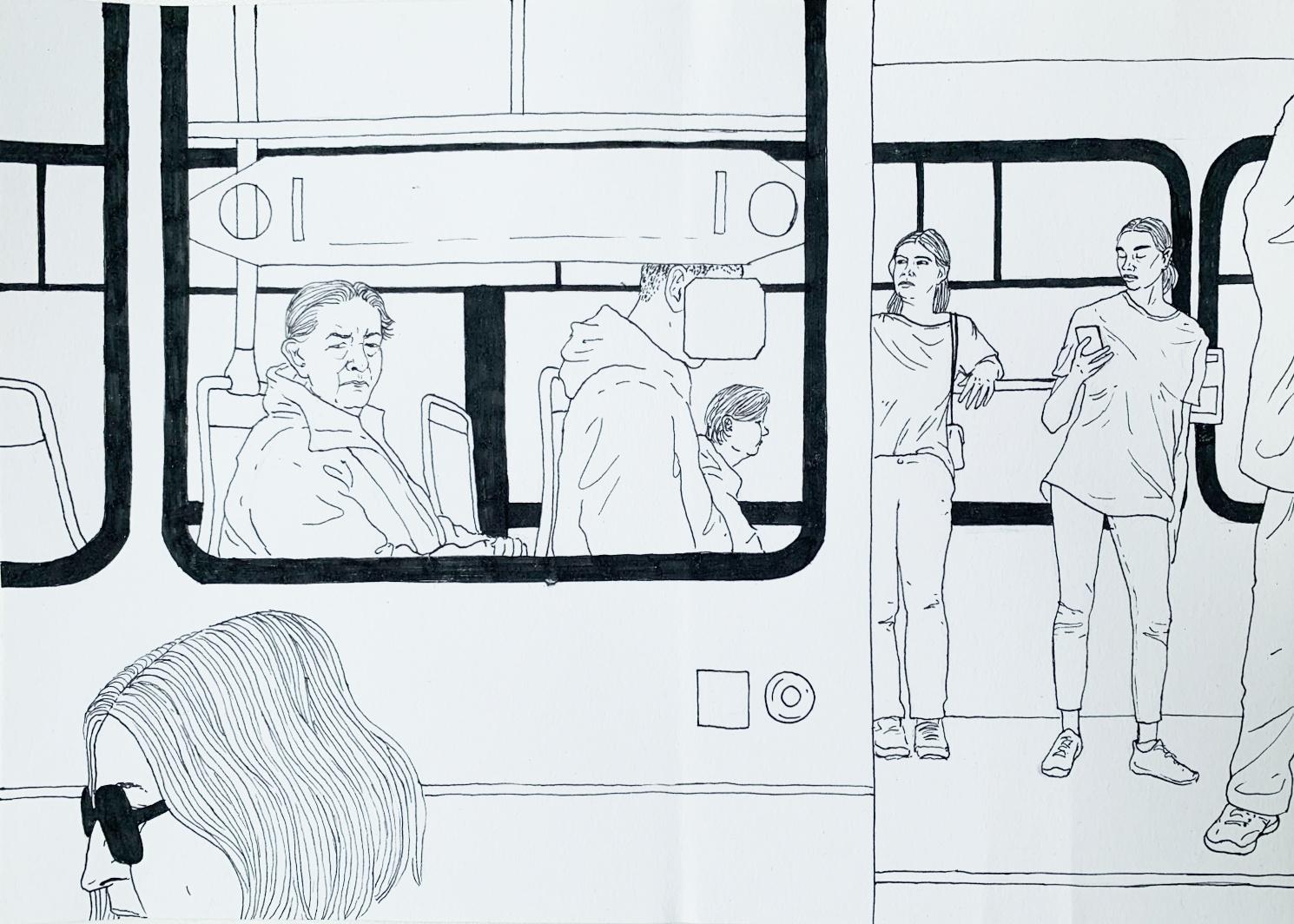 Streetcar – Zeitgenössische Tuschezeichnung, junge Kunst, Minimalismus, Sozialkommentar