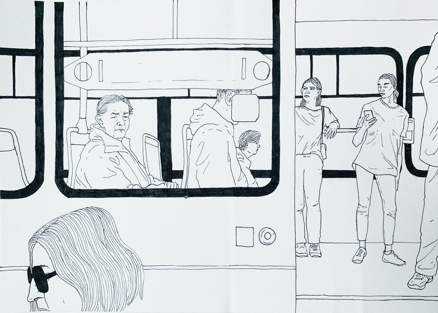 Streetcar - dessin à l'encre contemporain, jeune art, minimalisme, commentaire social