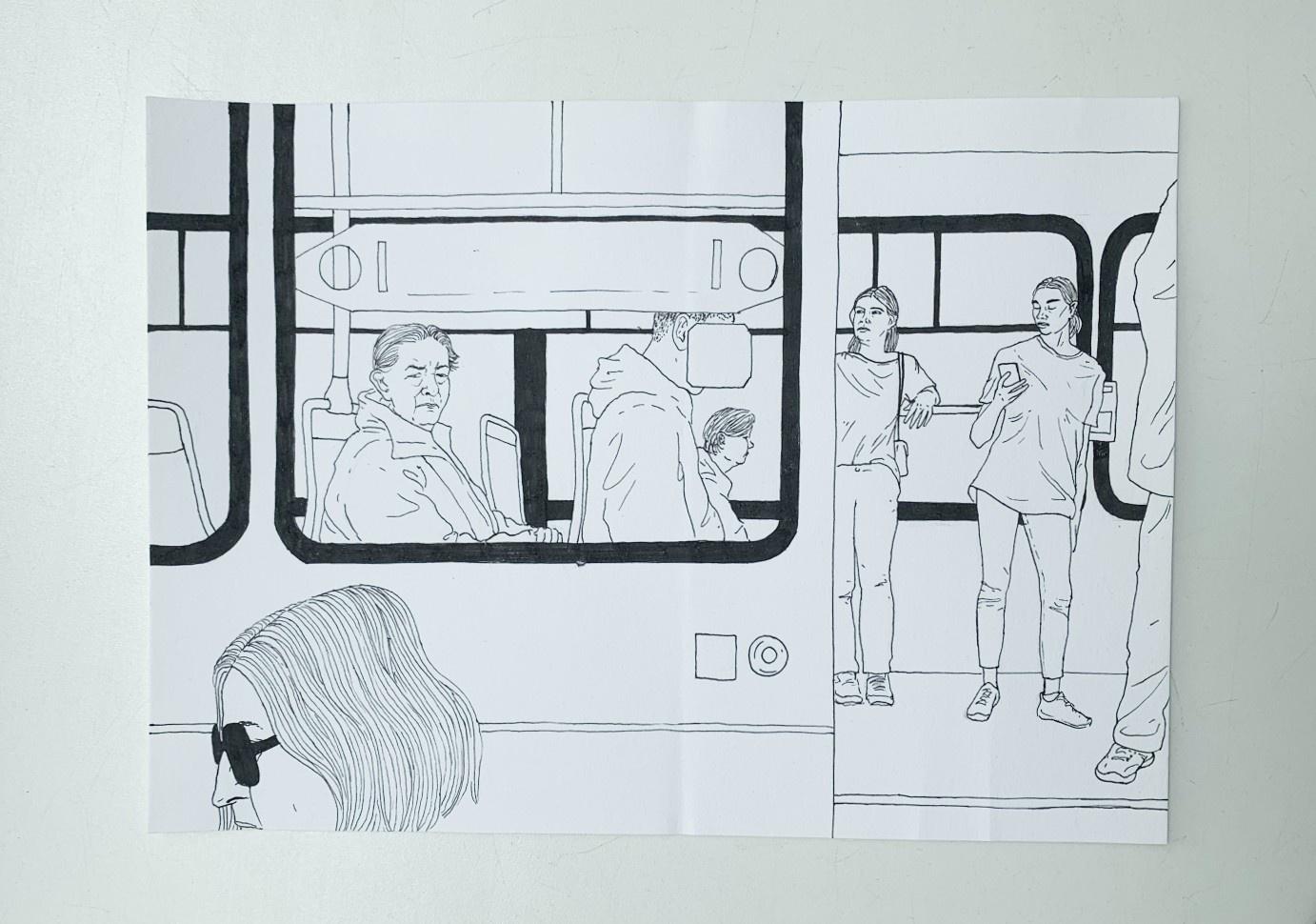 Streetcar – Zeitgenössische Tuschezeichnung, junge Kunst, Minimalismus, Sozialkommentar – Art von Anna Wardega