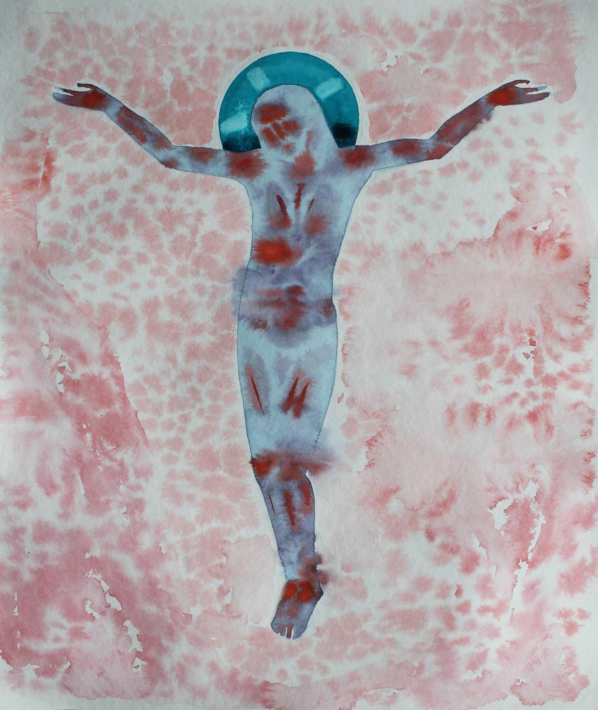 Danylo Movchan Figurative Art - Crucifix - Contemporary watercolor painting on paper, War diaries series