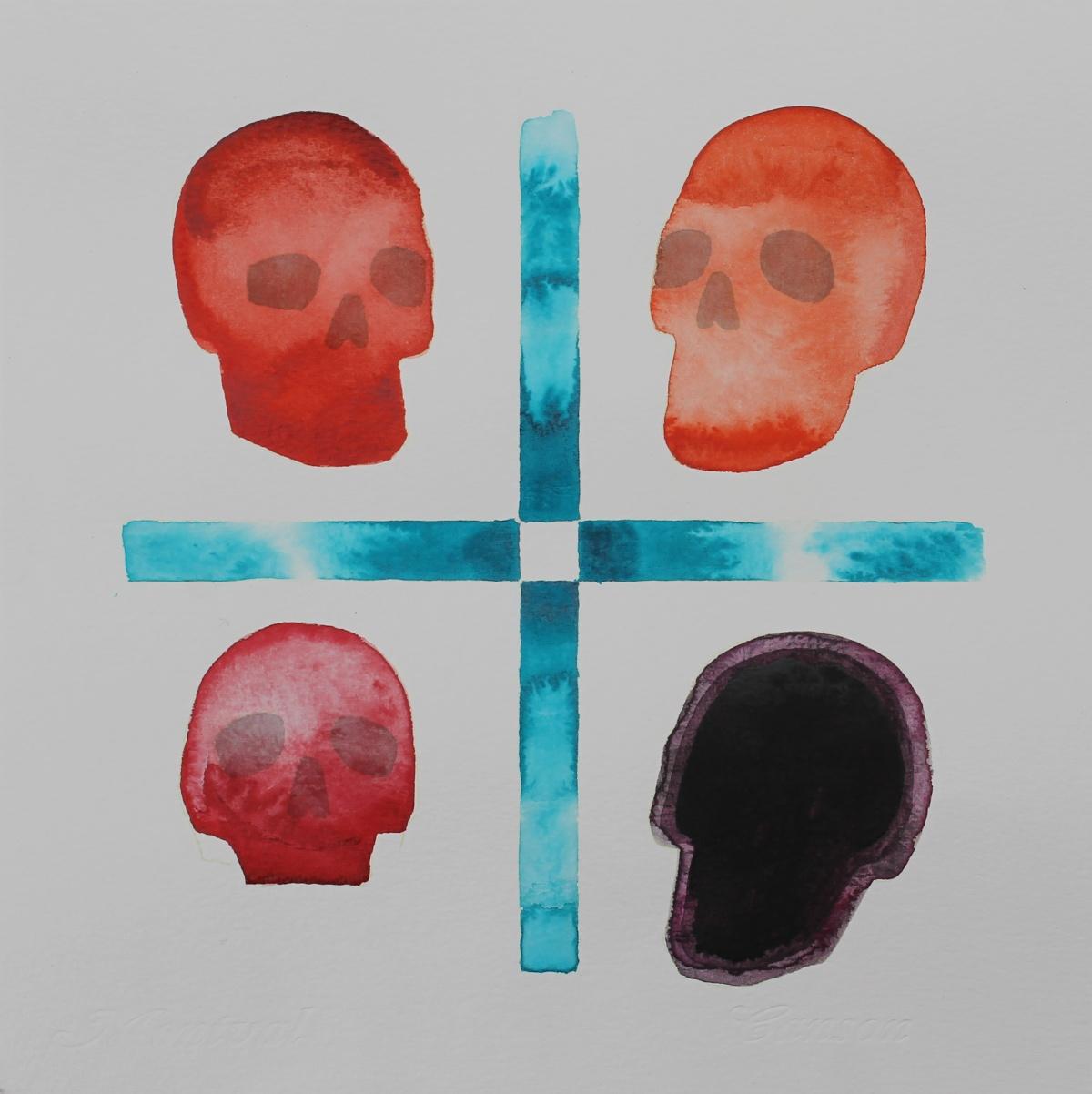 Cross and skulls - Contemporary watercolor painting on paper, War diaries series