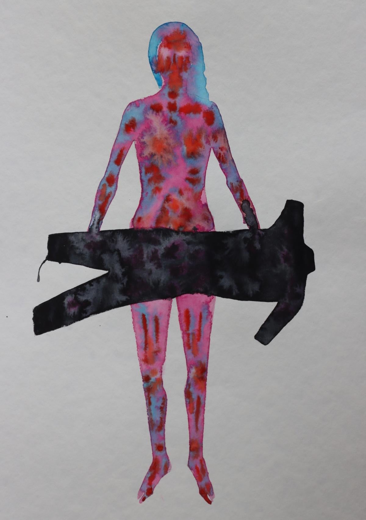 Woman with black torso - Contemporary watercolor painting on paper, War diaries