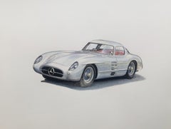 Mercedes 300 SLR Uhlenhaut coupe Figuratives Gemälde in Acryl auf Papier, Polnische Kunst
