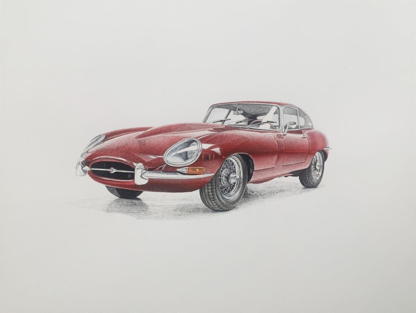 Figurative Art Michal Wojtysiak - Jaguar E-Type. Peinture figurative à l'acrylique sur papier, peinture de voiture, art polonais