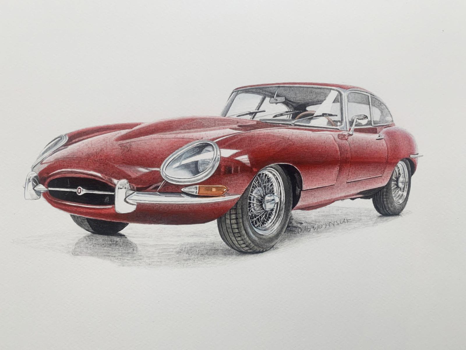 Jaguar E-Type. Peinture figurative à l'acrylique sur papier, peinture de voiture, art polonais - Art de Michal Wojtysiak