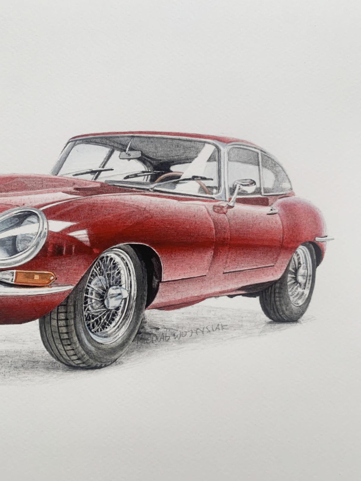 Jaguar E-Type. Peinture figurative à l'acrylique sur papier, peinture de voiture, art polonais - Réalisme Art par Michal Wojtysiak