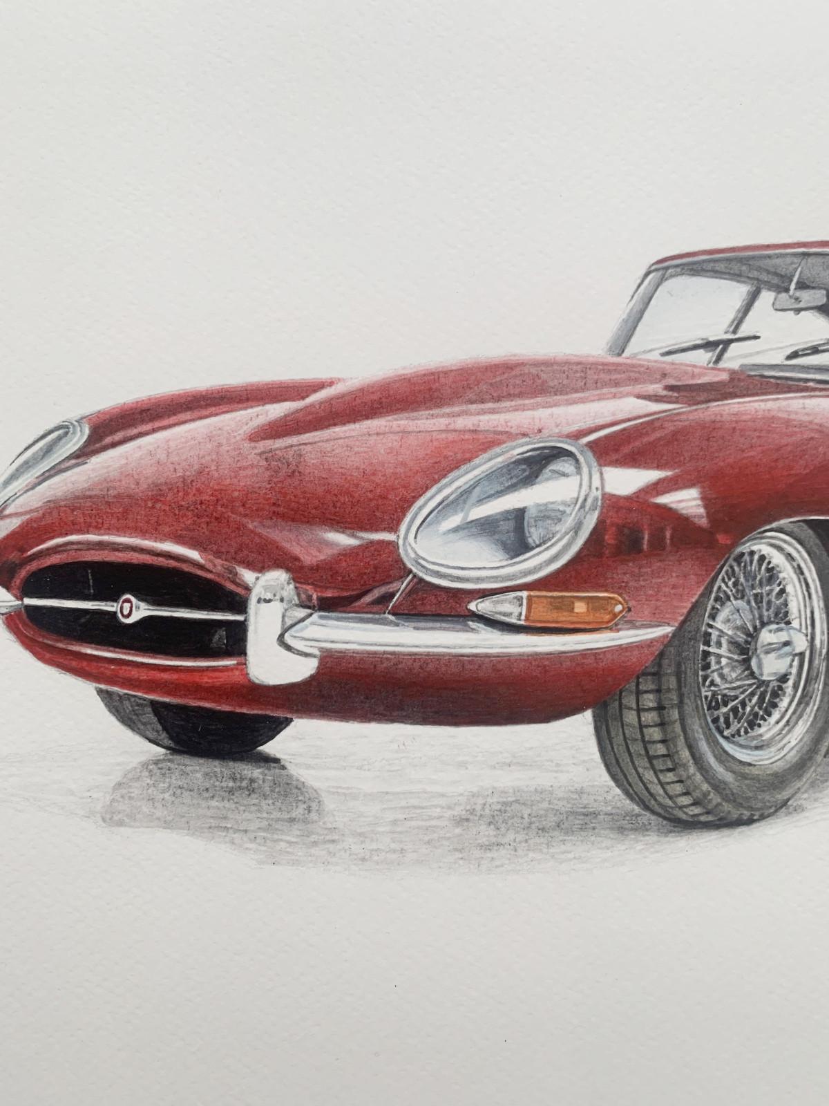 Jaguar E-Type. Peinture figurative à l'acrylique sur papier, peinture de voiture, art polonais - Gris Figurative Art par Michal Wojtysiak