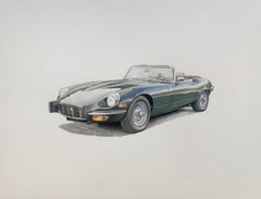Jaguar E-Type. Figurative acrylic on paper car painting, Polish art