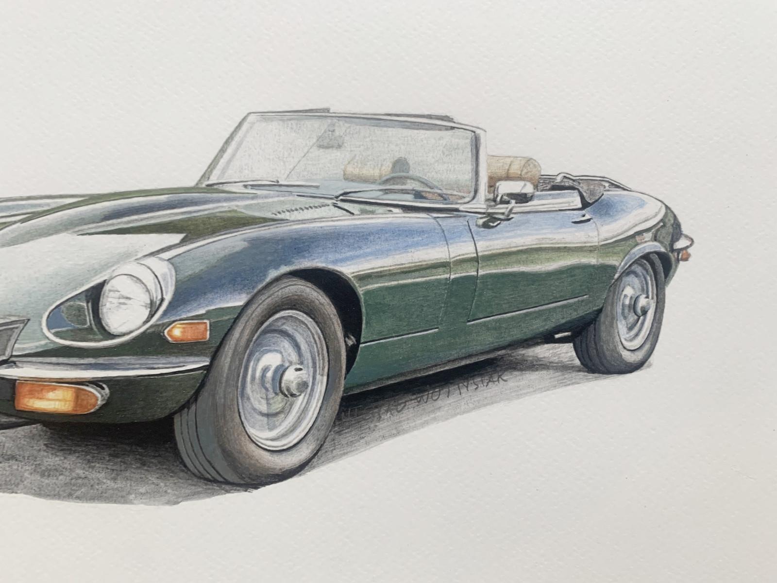 Jaguar E-Type. Figurative acrylic on paper car painting, Polish art - Painting by Michal Wojtysiak