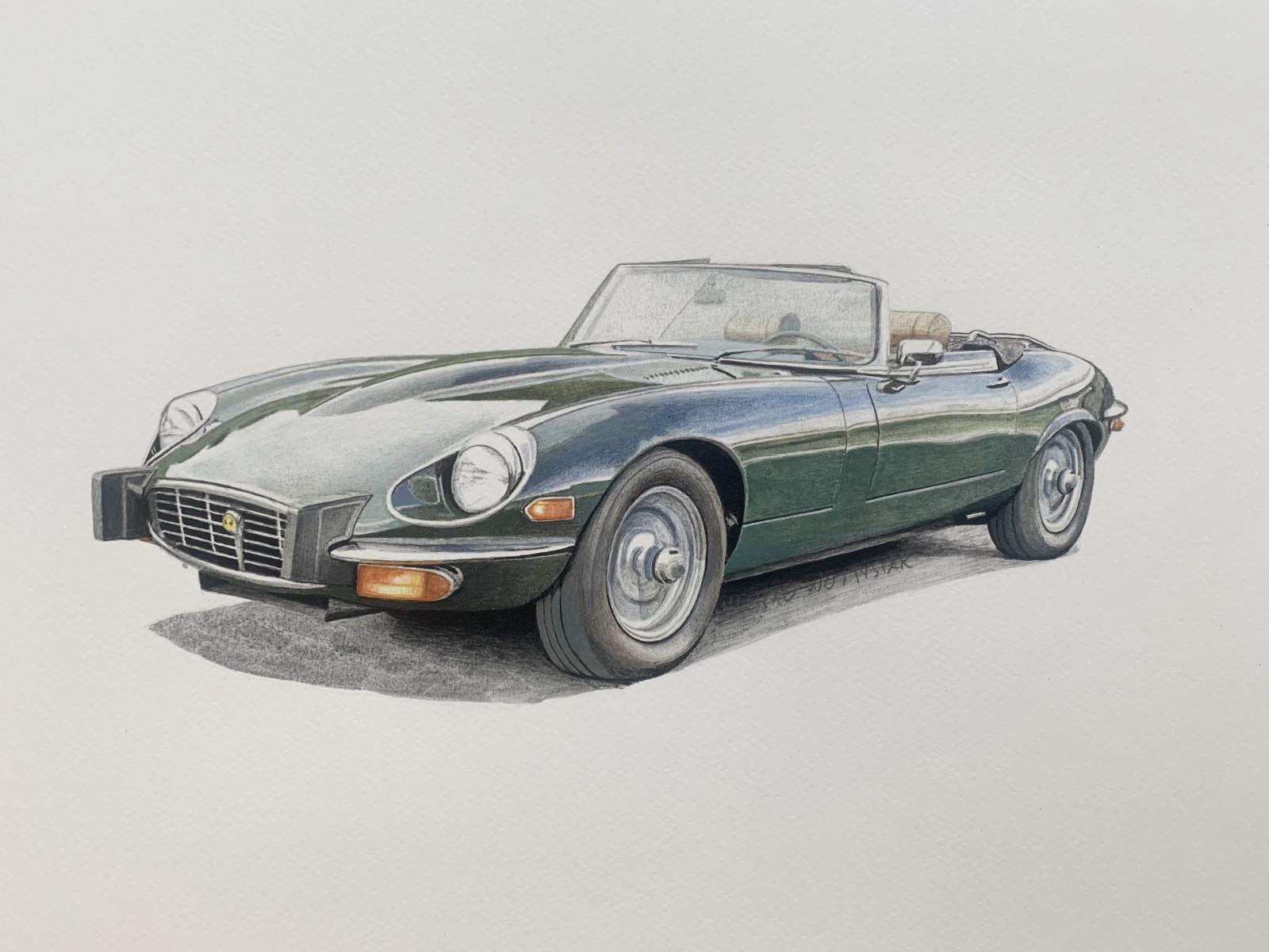 Jaguar E-Type. Figurative acrylic on paper car painting, Polish art - Gray Figurative Painting by Michal Wojtysiak