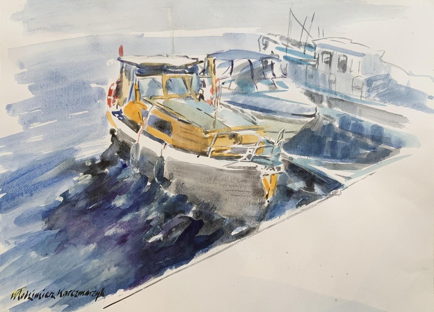 Sopot, motorboats. Watercolor, Realistic, Classic, Marine, Polish artist