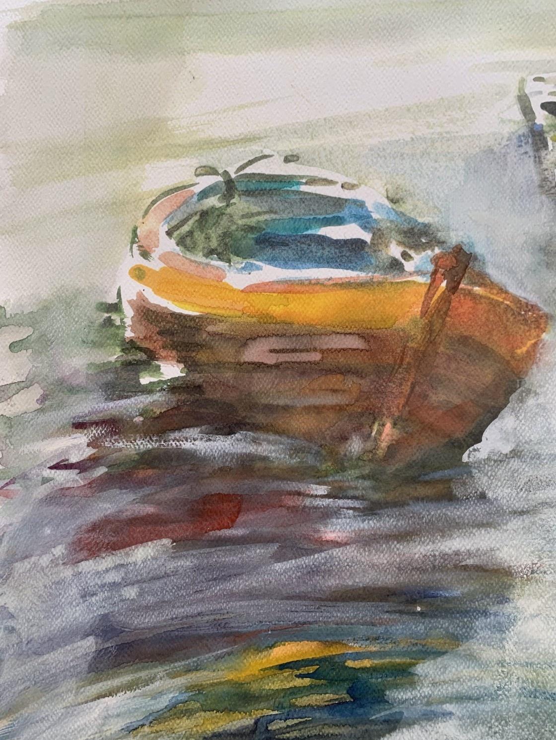 Jastarnia, local boats. Watercolor, Realistic, Classic, Polish artist - Gray Landscape Art by Włodzimierz Karczmarzyk