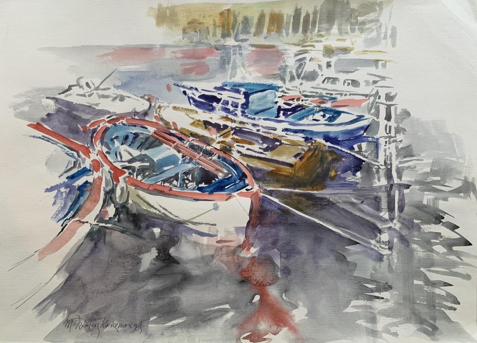 In a harbour. Watercolor, Realistic, Classic, Marine, Polish artist