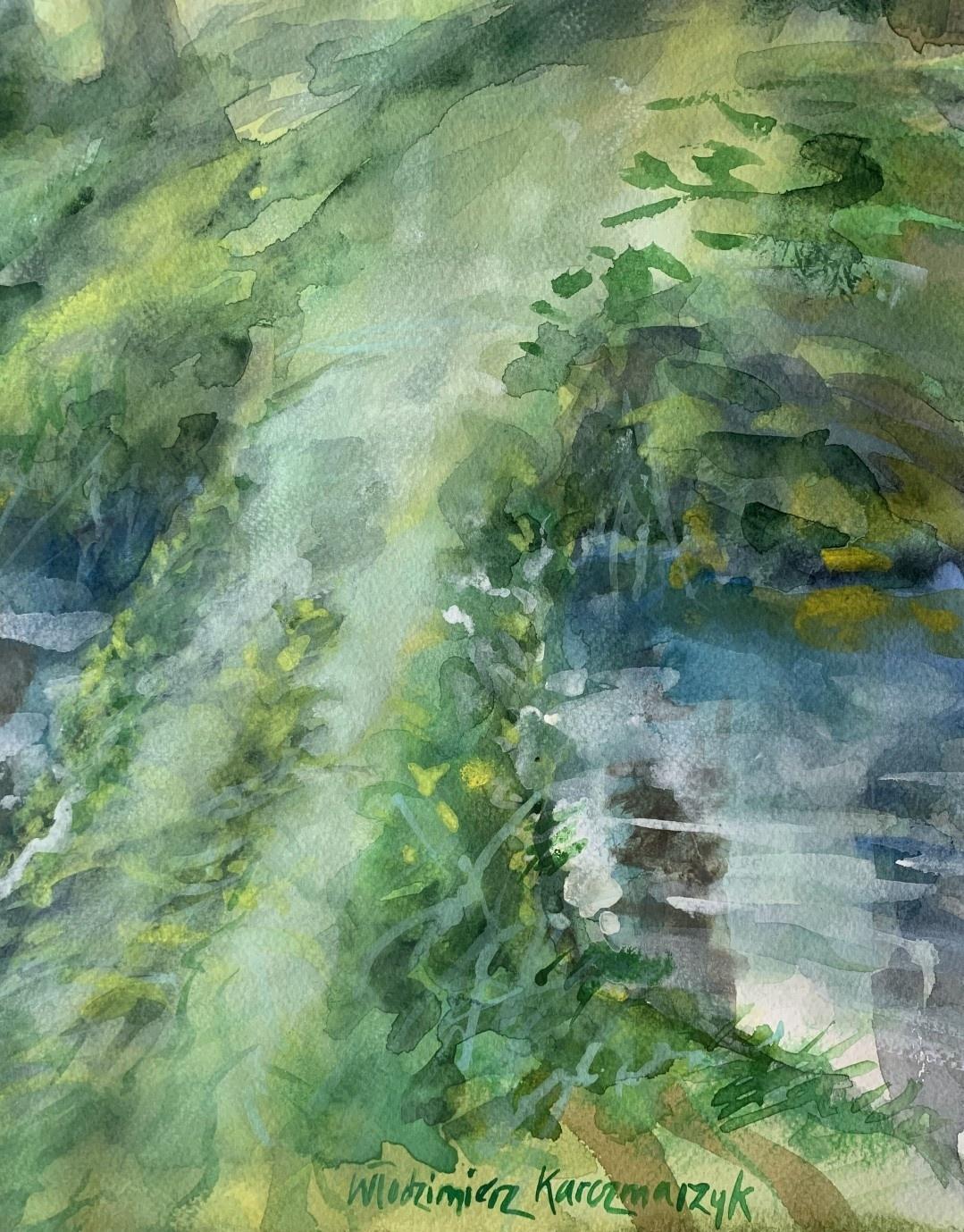 Eine Wälderbrücke. Aquarell, Realistisch, Landschaft, Klassisch, Polnischer Künstler – Art von Włodzimierz Karczmarzyk