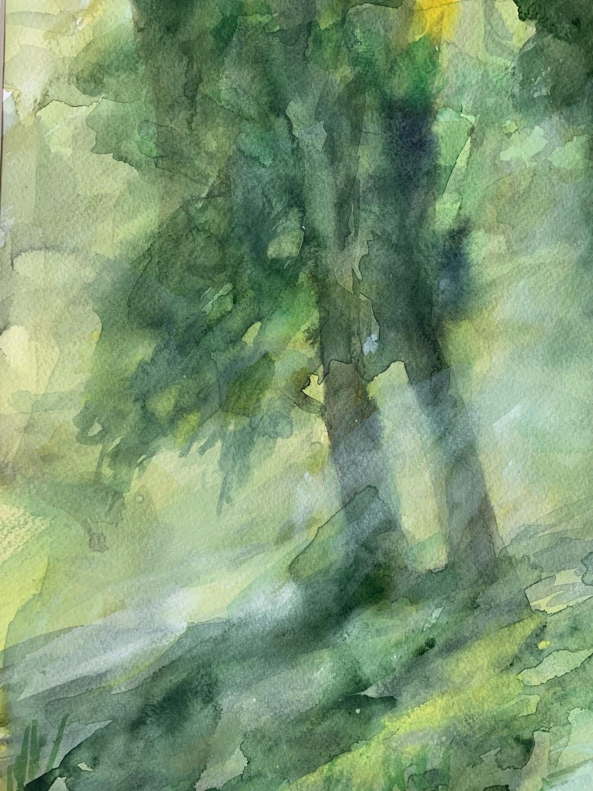A forest bridge. Watercolor, Realistic, Landscape, Classic, Polish artist - Gray Figurative Art by Włodzimierz Karczmarzyk