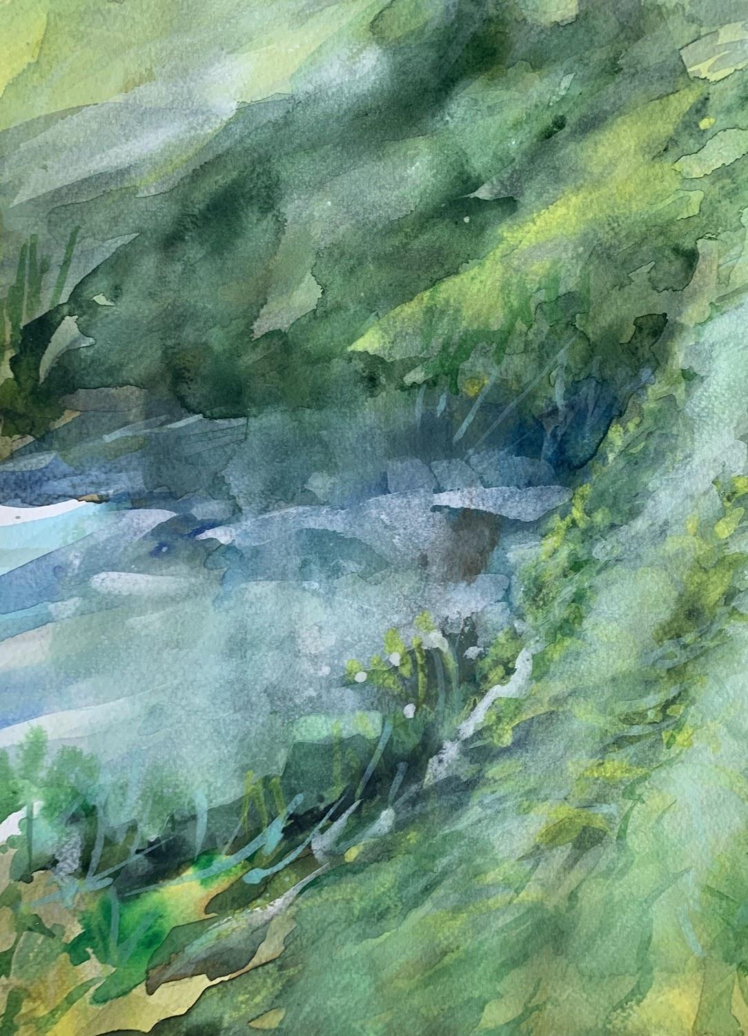 Eine Wälderbrücke. Aquarell, Realistisch, Landschaft, Klassisch, Polnischer Künstler (Sonstige Kunststile), Art, von Włodzimierz Karczmarzyk