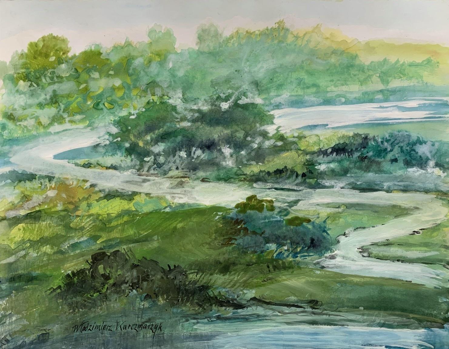Winding river. Watercolor, Realistic, Landscape, Classic, Polish artist