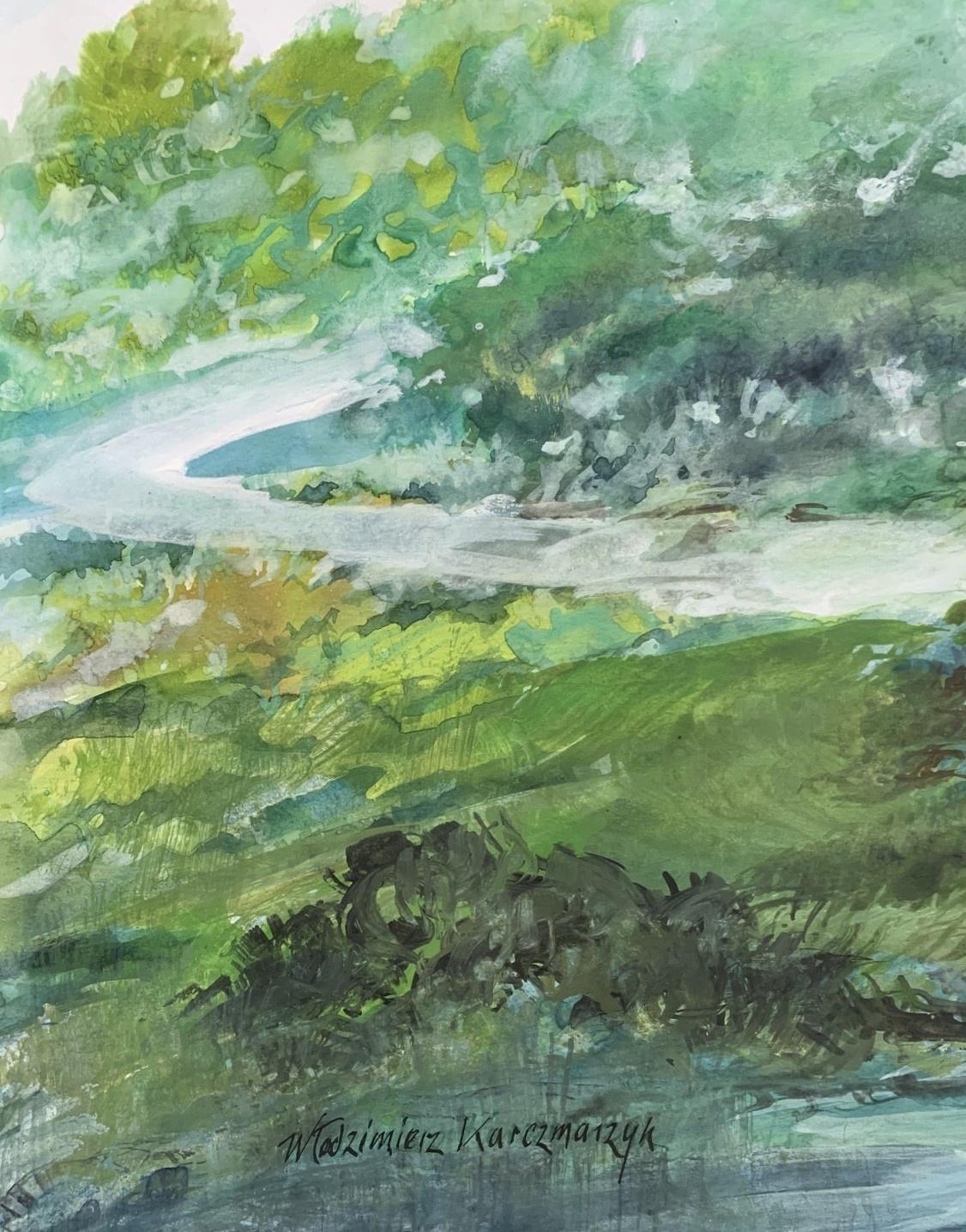 Schlängelnder Fluss. Aquarell, Realistisch, Landschaft, Klassisch, Polnischer Künstler – Art von Włodzimierz Karczmarzyk