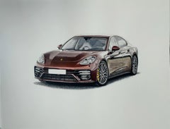 Porsche Panamera. Figurative realistische Acrylmalerei auf Papier, Polnische Kunst, Auto