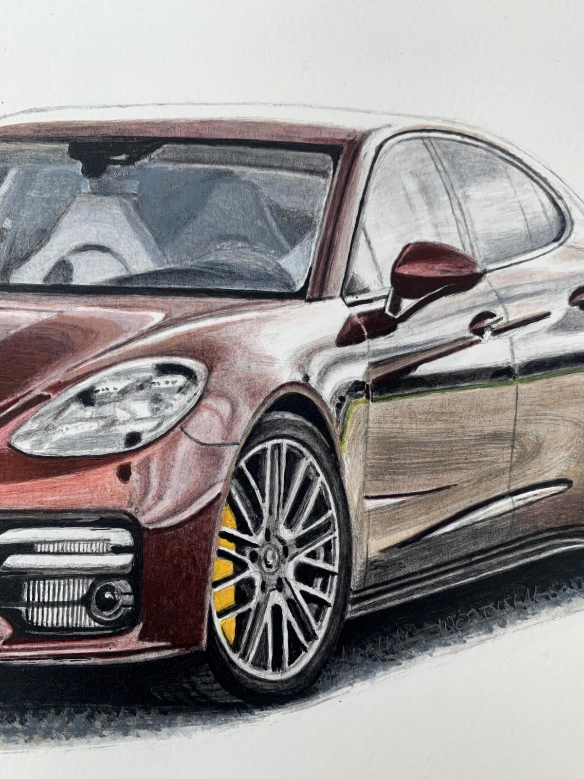 Porsche Panamera. Figurative realistic acrylic on paper painting Polish art, Car - Painting by Michal Wojtysiak