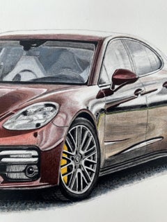 Porsche Panamera. Figurative realistic acrylic on paper painting Polish art, Car