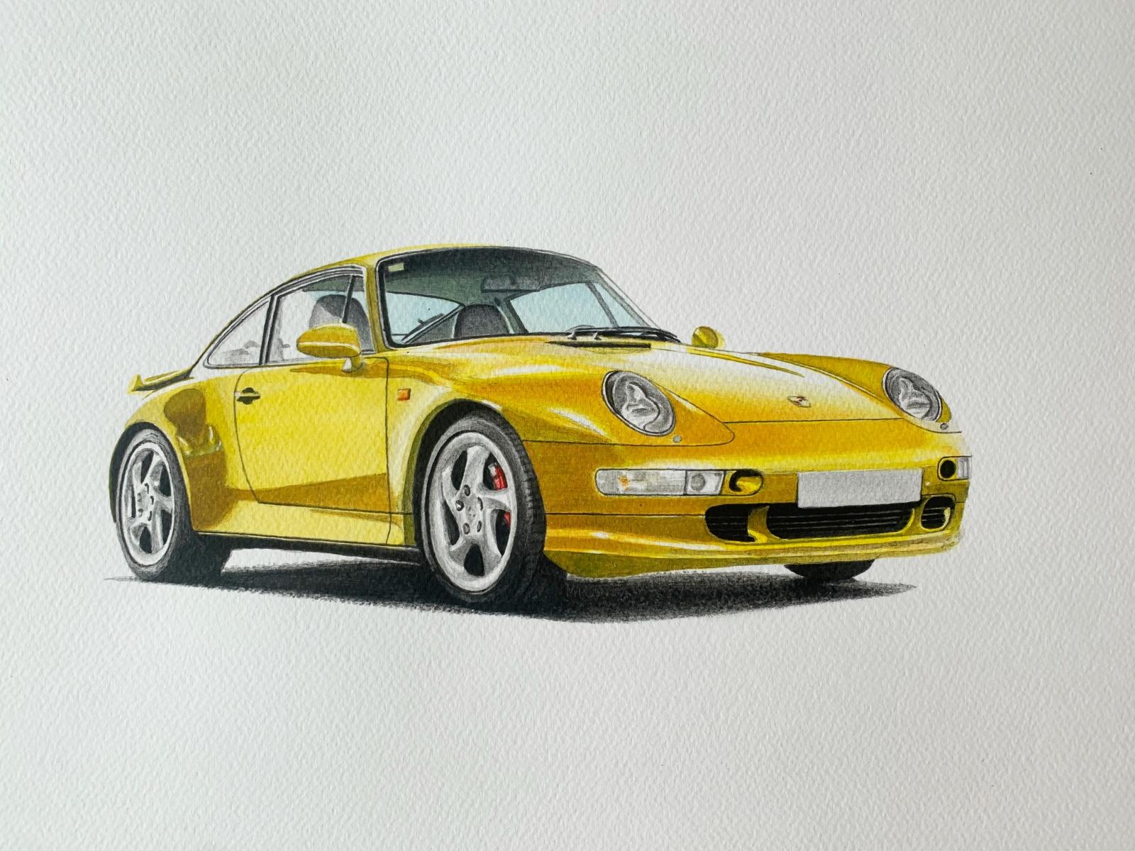 Michal Wojtysiak Figurative Art – Porsche. Figurative realistische Acrylmalerei auf Papier, Polnische Kunst, Auto