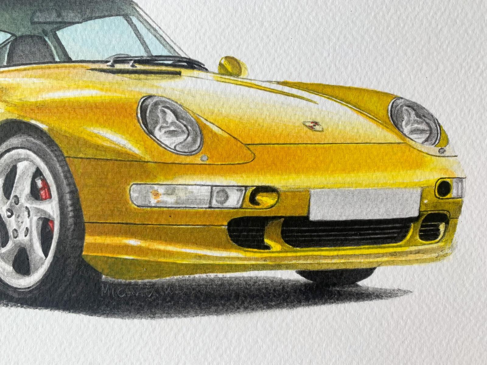 Porsche. Figurative realistische Acrylmalerei auf Papier, Polnische Kunst, Auto – Art von Michal Wojtysiak