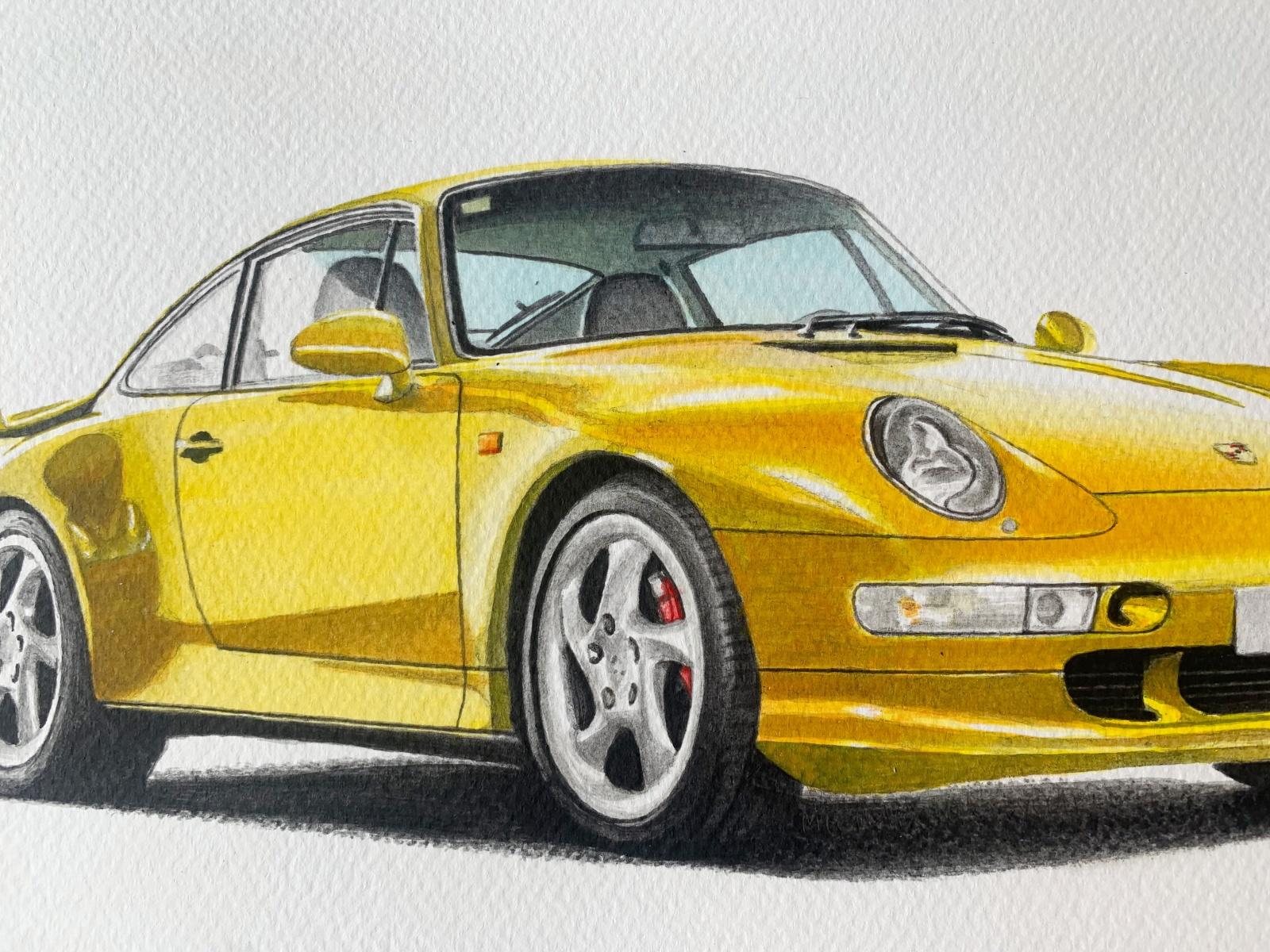 Porsche. Figurative realistic acrylic on paper painting Polish art, Car - Realist Art by Michal Wojtysiak