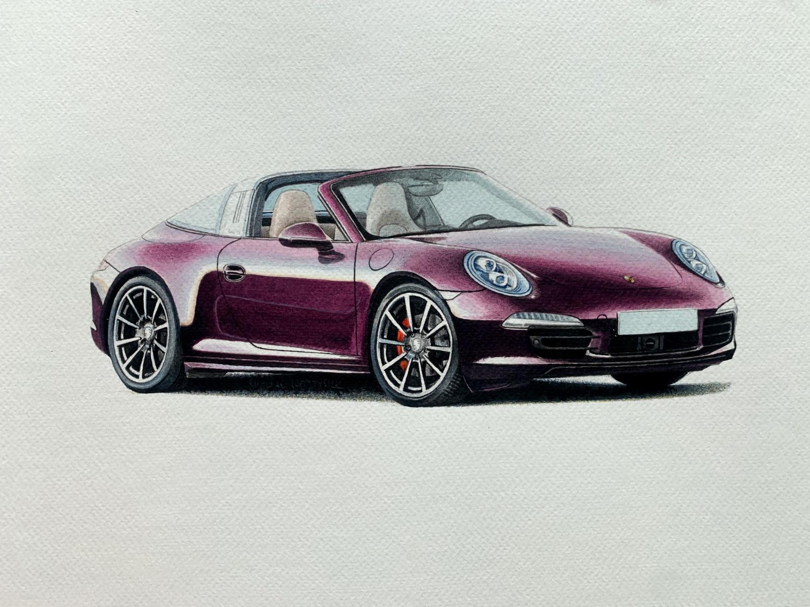 Porsche. Figurative realistische Acrylmalerei auf Papier, Polnische Kunst, Auto