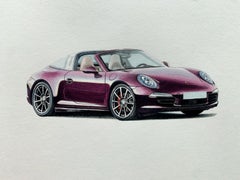 Used Porsche. Figurative realistic acrylic on paper painting Polish art, Car