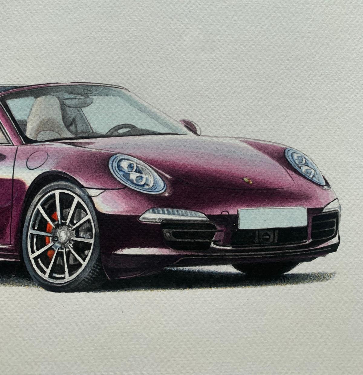 Porsche. Figurative realistische Acrylmalerei auf Papier, Polnische Kunst, Auto – Painting von Michal Wojtysiak