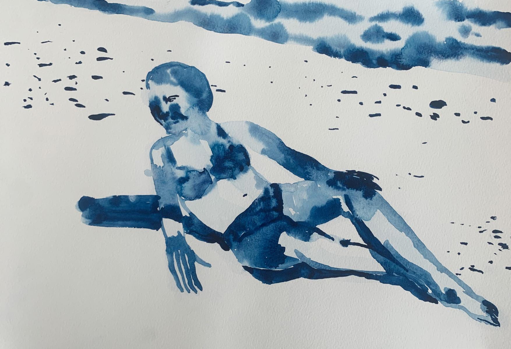 Figurative Art Hanna Ilczyszyn - Chaud. Dessin figuratif monochromatique à l'aquarelle, art polonais