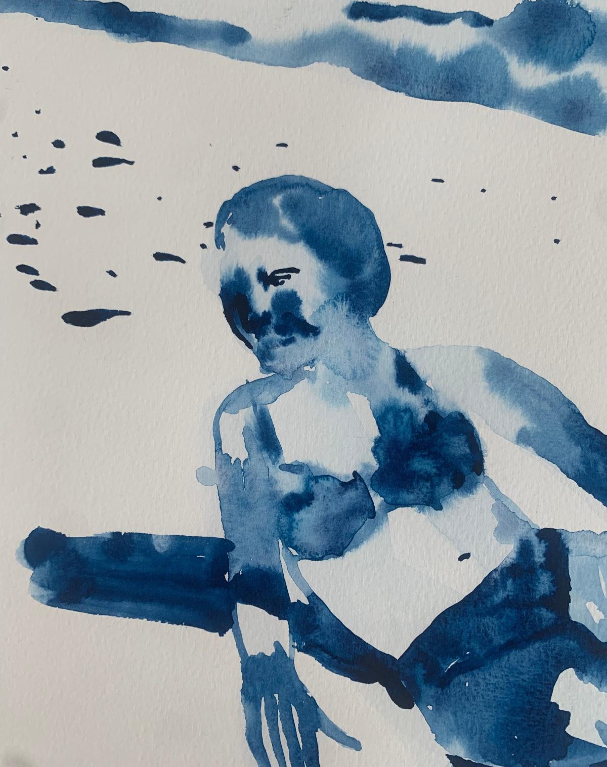 Hot. Monochromatic figurative watercolor drawing, Polish art - Art by Hanna Ilczyszyn