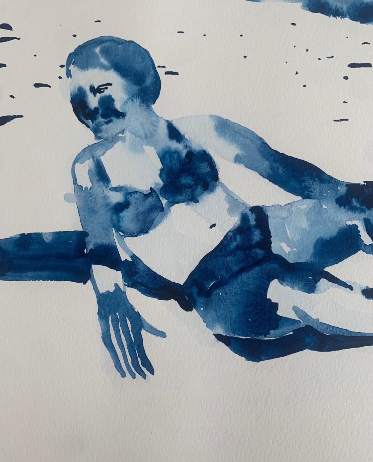 Hot. Monochromatic figurative watercolor drawing, Polish art - Contemporary Art by Hanna Ilczyszyn