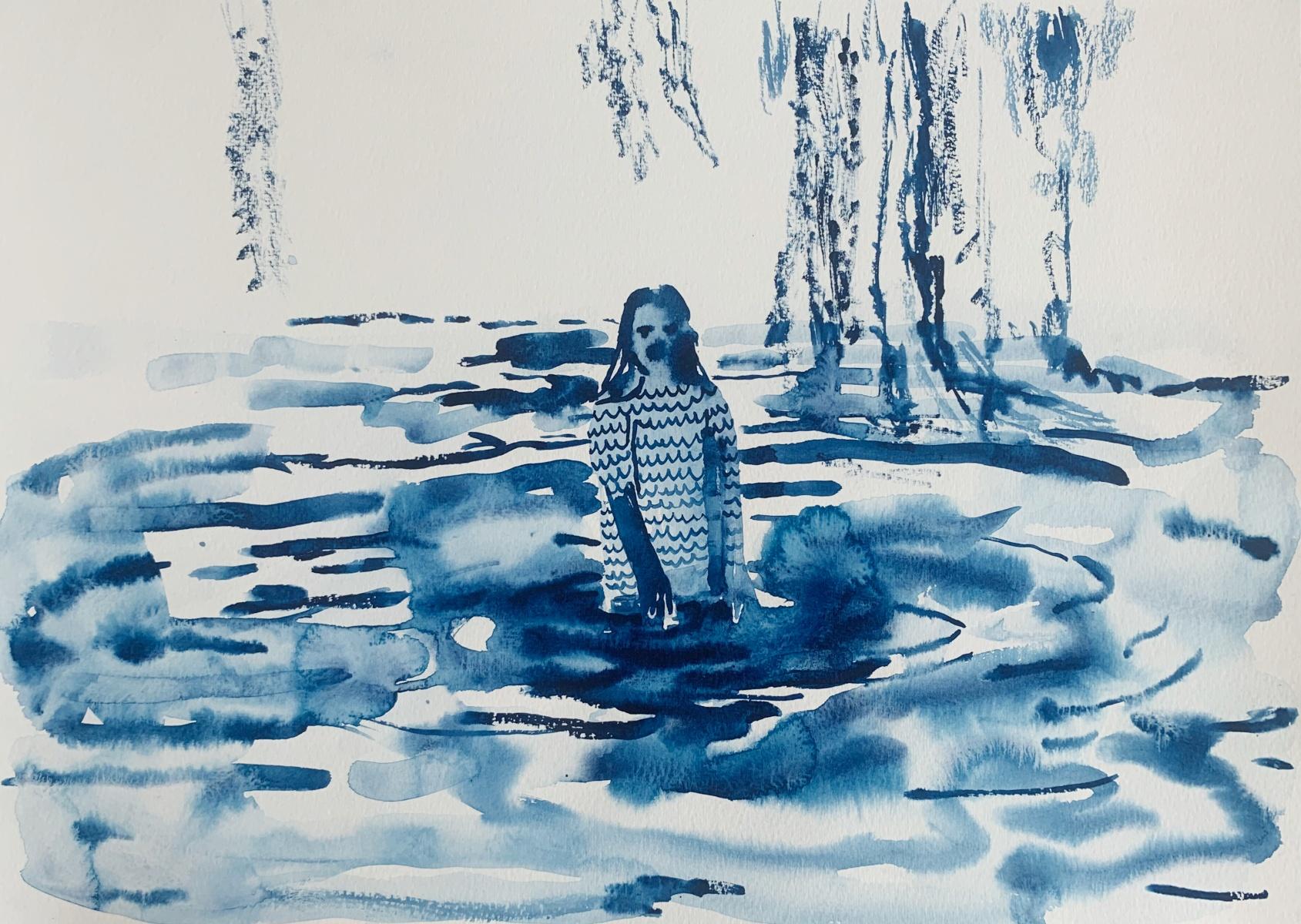 Hanna Ilczyszyn Figurative Art - Water. Monochromatic blue figurative watercolor drawing, Polish art