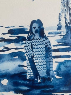 Water. Monochromatic blue figurative watercolor drawing, Polish art