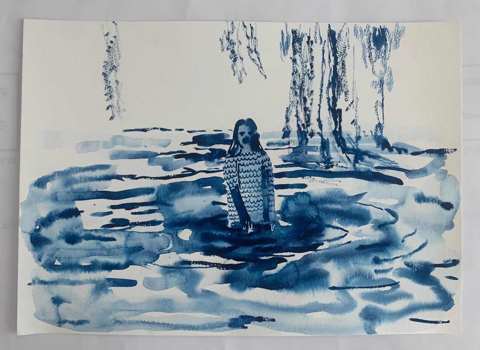Contemporary figurative watercolor on paper painting by Polish artist living in Belgium Hanna Ilczyszyn. Artwork depicts woman standing in the water with tree leaves above her. Painting is monochromatic in blue. Title of the art piece is