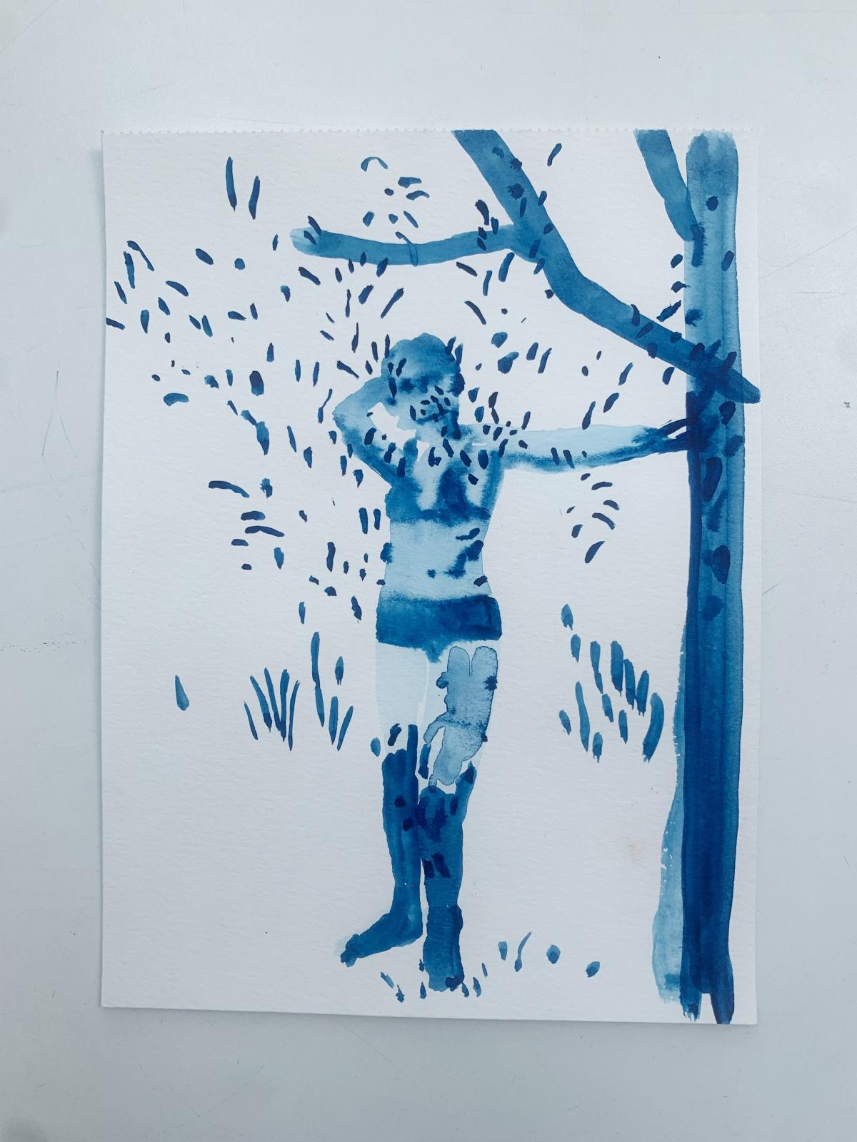 Acquerello figurativo contemporaneo su carta dell'artista polacca residente in Belgio Hanna Ilczyszyn. L'opera raffigura una donna in costume da bagno appoggiata a un albero. Evoca una calda giornata estiva di vacanza. Il dipinto è monocromatico in