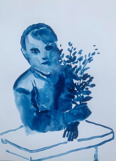 Girl with flowers. Monochromatic figurative watercolor drawing, Polish art