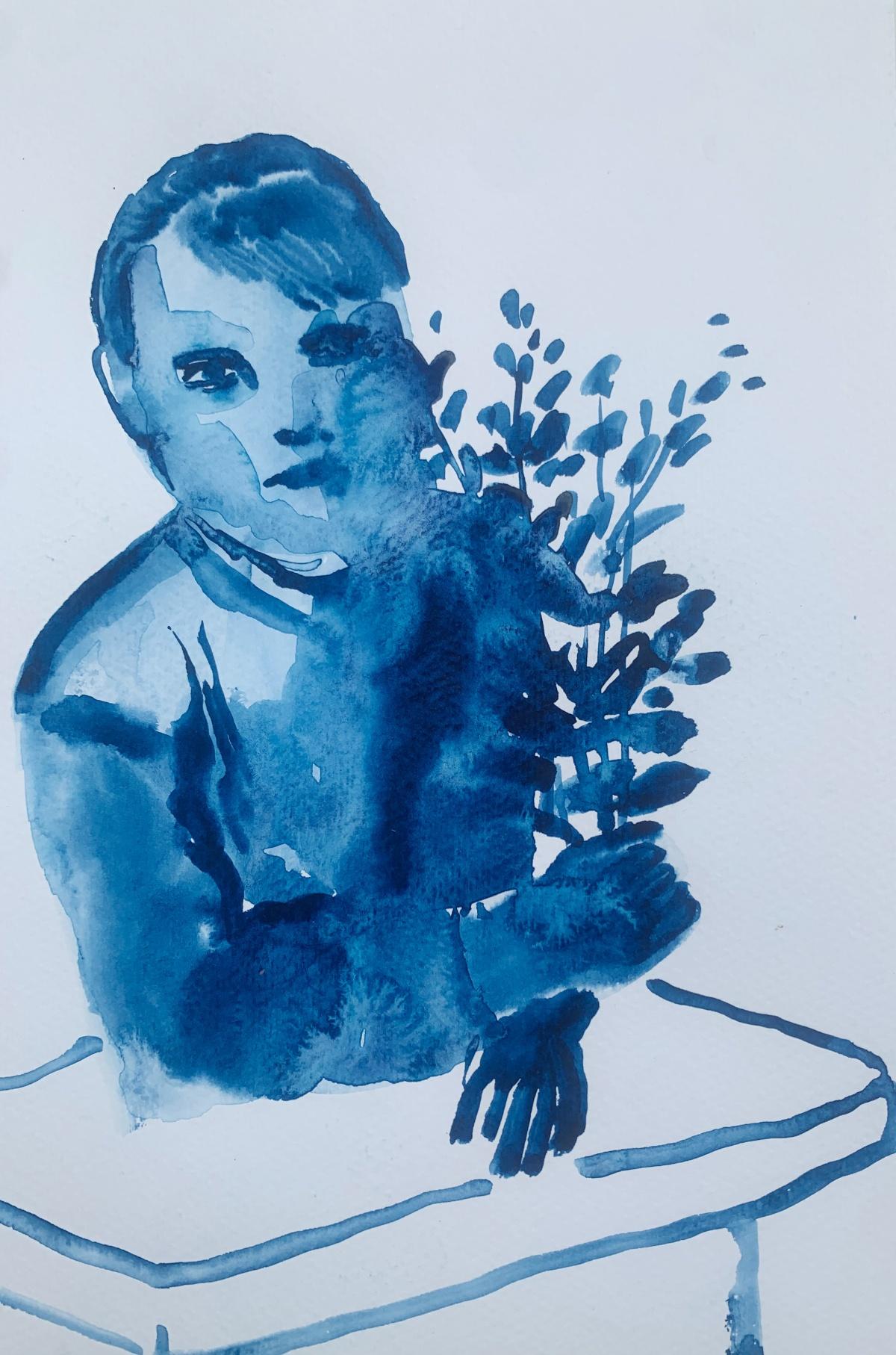 Girl with flowers. Monochromatic figurative watercolor drawing, Polish art - Art by Hanna Ilczyszyn