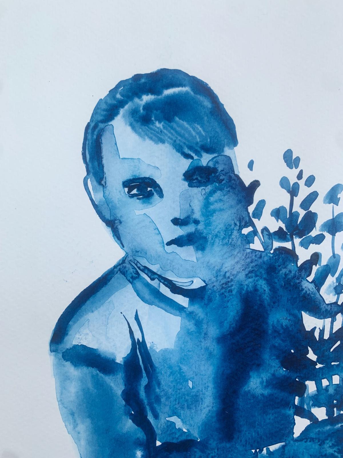 Ragazza con fiori. Disegno figurativo monocromatico ad acquerello, arte polacca - Art Contemporaneo di Hanna Ilczyszyn