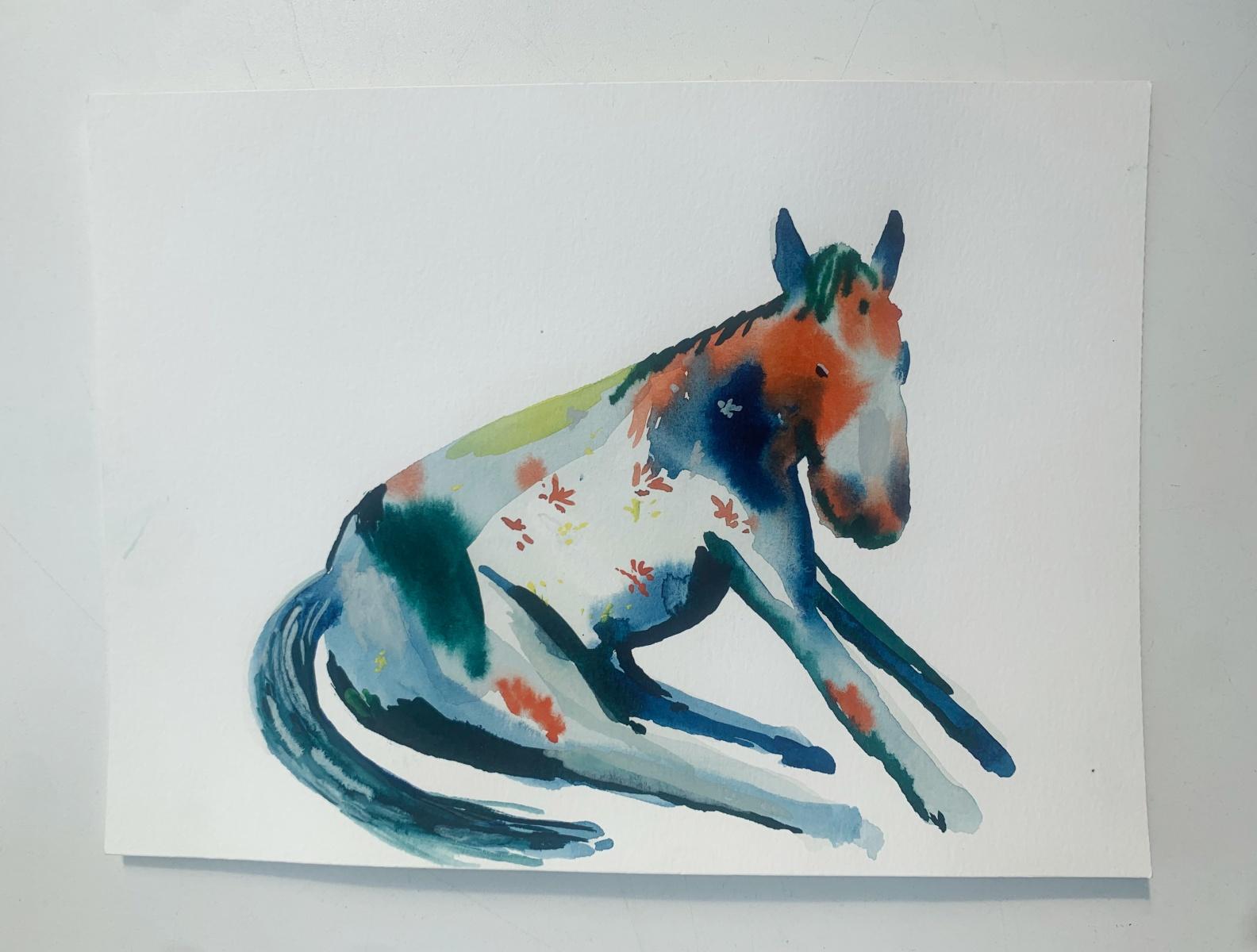 Contemporary figurative watercolor on paper painting by Polish artist living in Belgium Hanna Ilczyszyn. Artwork depicts a horse. Painting is colorful. It was created during art residency stay in Sardinia. 

HANNA ILCZYSZYN (b. 1984)
Graduated from