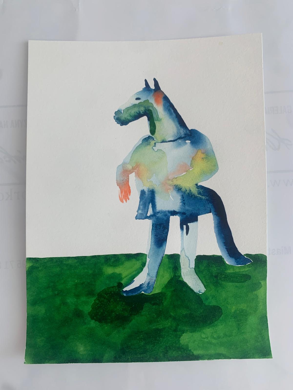 Contemporary figurative watercolor on paper painting by Polish artist living in Belgium Hanna Ilczyszyn. Artwork depicts a fantastic horse-like creature. Painting is colorful. It was created during art residency stay in Sardinia. 

HANNA ILCZYSZYN